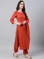 Janasya Women's Orange Rayon Striped Kurta With Pant And Dupatta - Distacart