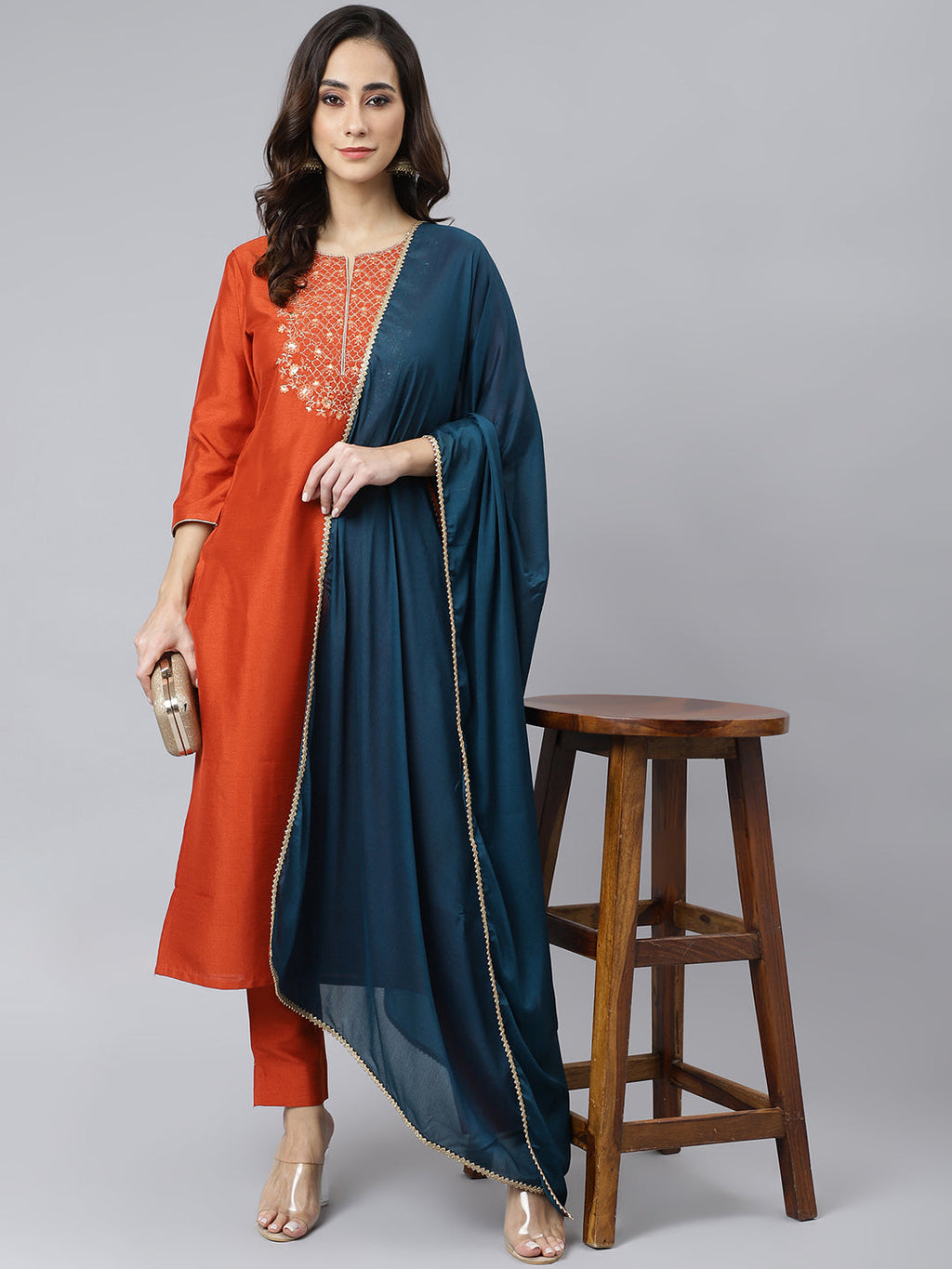 Janasya Women's Rust Orange Poly Silk Solid Kurta With Pant And Dupatta - Distacart