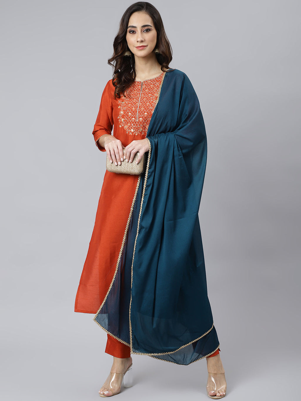 Janasya Women's Rust Orange Poly Silk Solid Kurta With Pant And Dupatta - Distacart