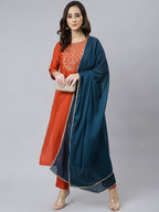 Janasya Women's Rust Orange Poly Silk Solid Kurta With Pant And Dupatta - Distacart