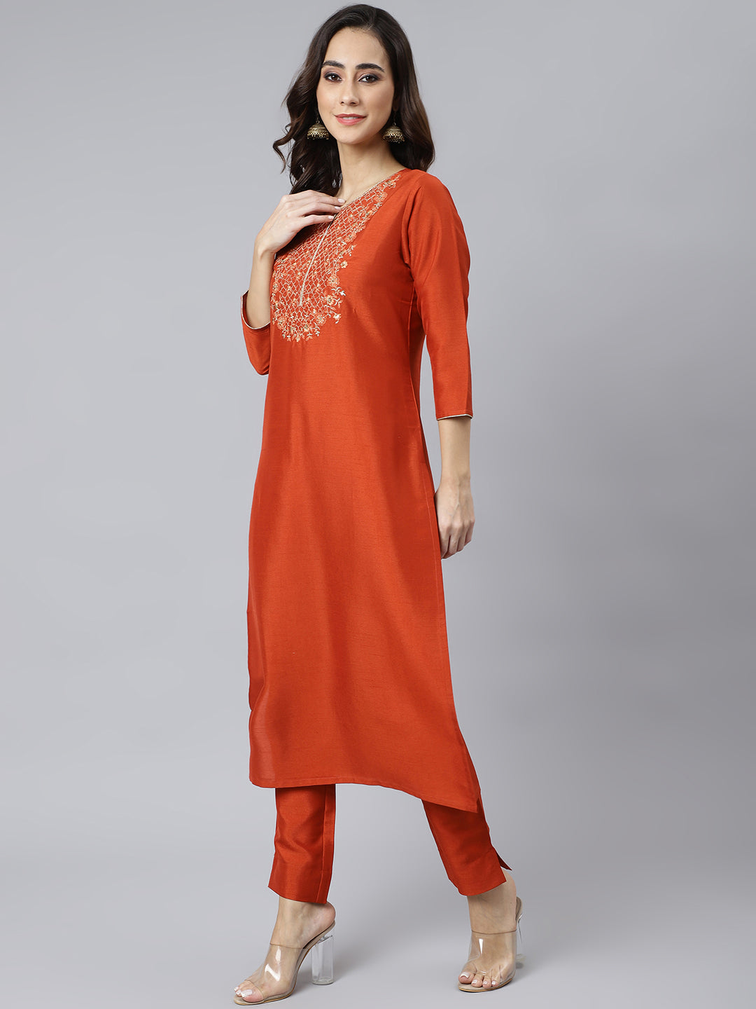 Janasya Women's Rust Orange Poly Silk Solid Kurta With Pant And Dupatta - Distacart