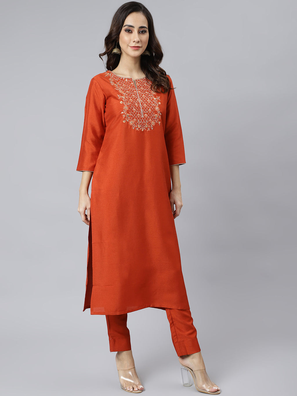 Janasya Women's Rust Orange Poly Silk Solid Kurta With Pant And Dupatta - Distacart