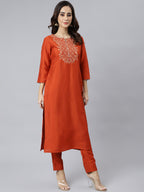 Janasya Women's Rust Orange Poly Silk Solid Kurta With Pant And Dupatta - Distacart