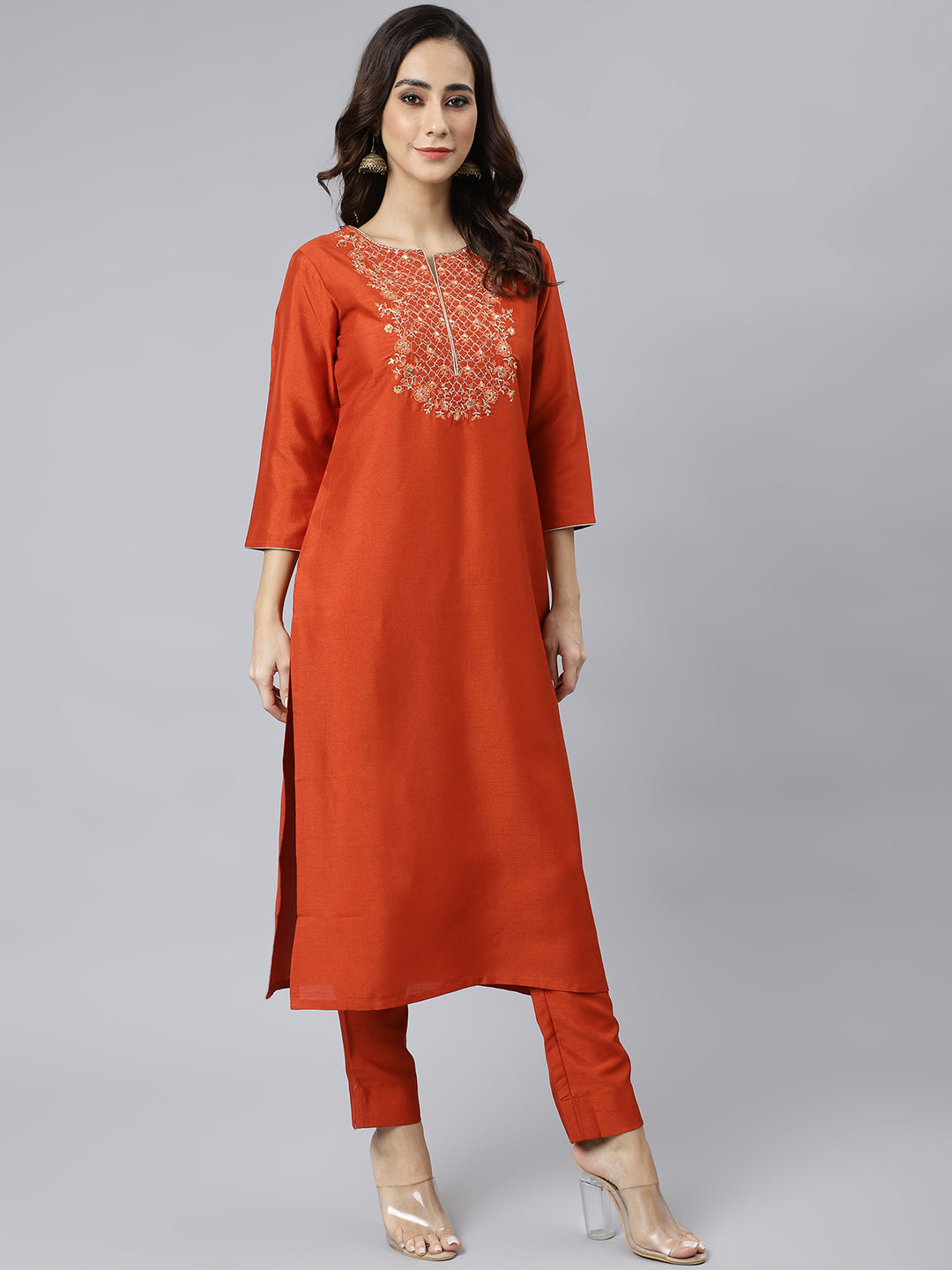 Janasya Women's Rust Orange Poly Silk Solid Kurta With Pant And Dupatta - Distacart