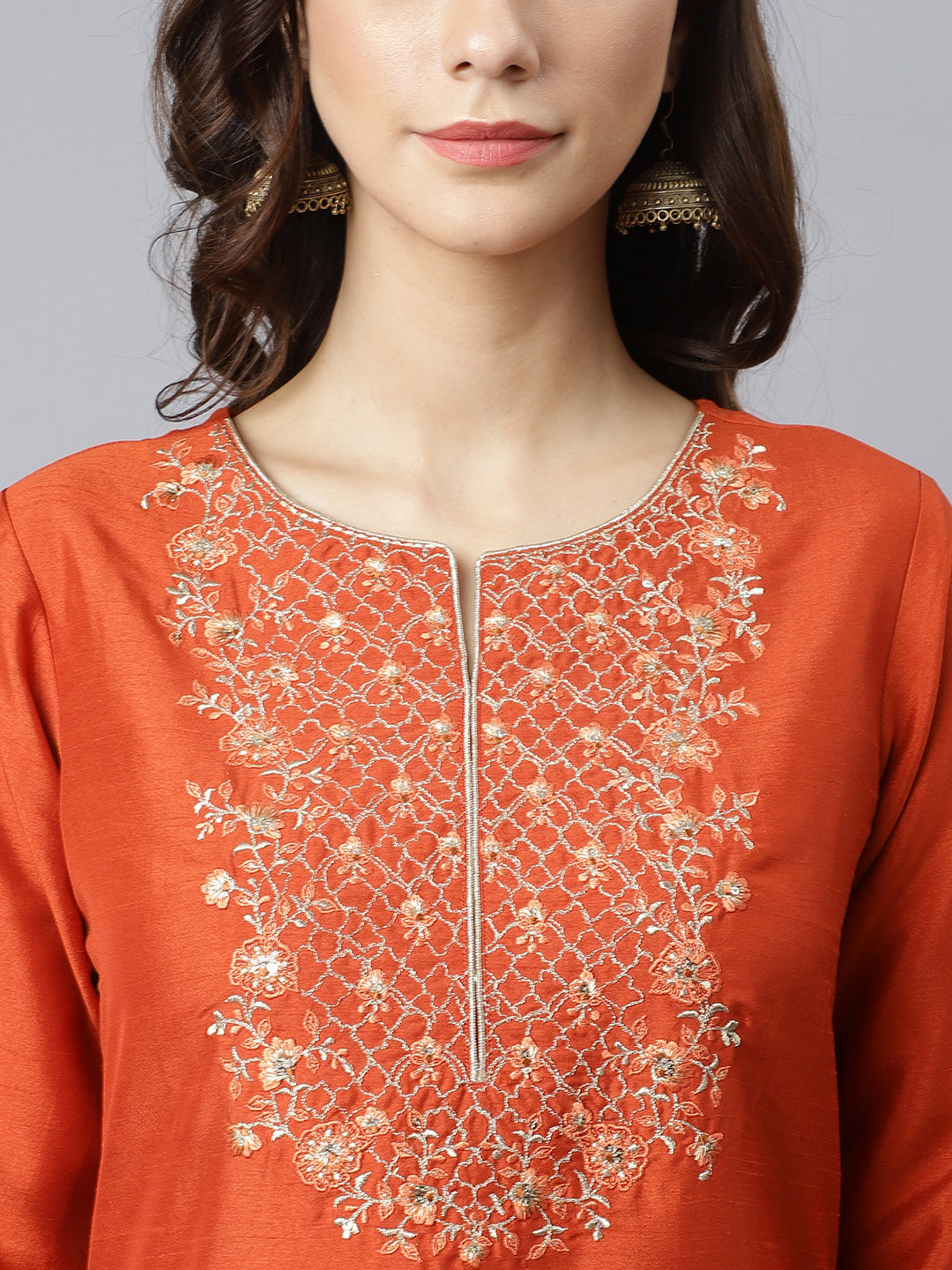 Janasya Women's Rust Orange Poly Silk Solid Kurta With Pant And Dupatta - Distacart