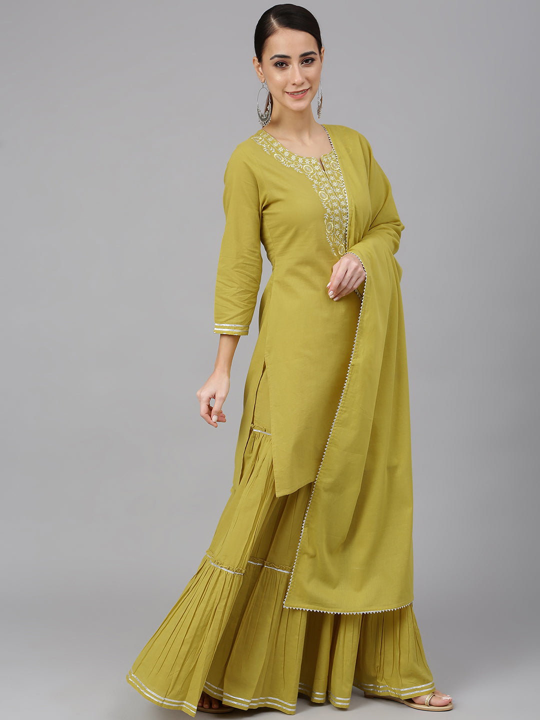 Janasya Women's Yellow Cotton Solid Kurta With Sharara And Dupatta - Distacart