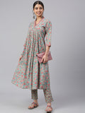 Janasya Women's Sea Green Cotton Floral Print Kurta With Pant - Distacart