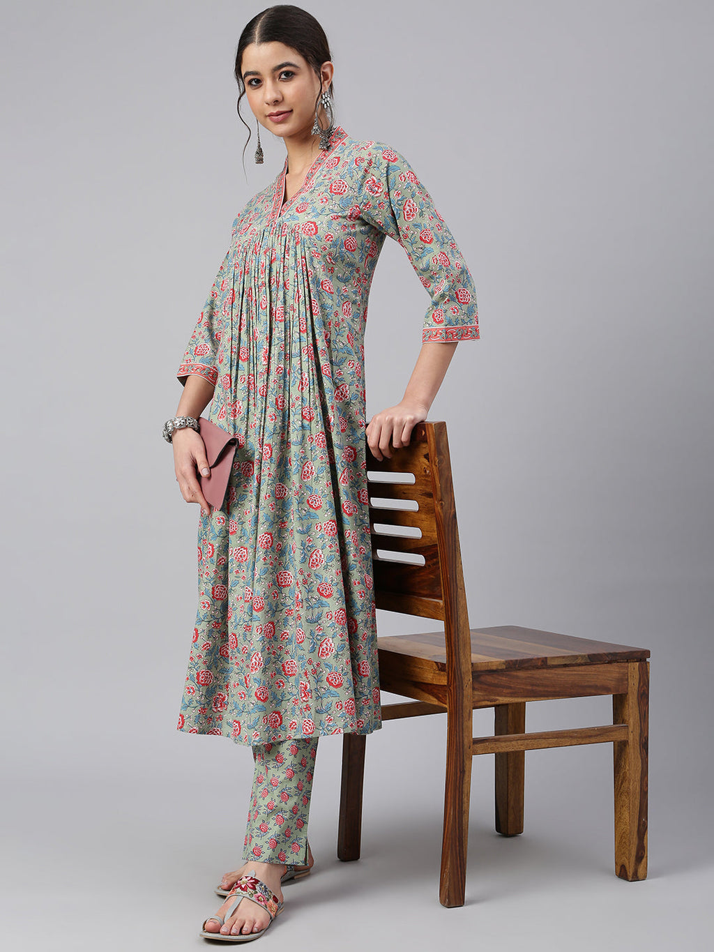 Janasya Women's Sea Green Cotton Floral Print Kurta With Pant - Distacart