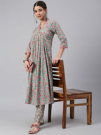 Janasya Women's Sea Green Cotton Floral Print Kurta With Pant - Distacart