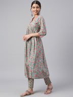Janasya Women's Sea Green Cotton Floral Print Kurta With Pant - Distacart