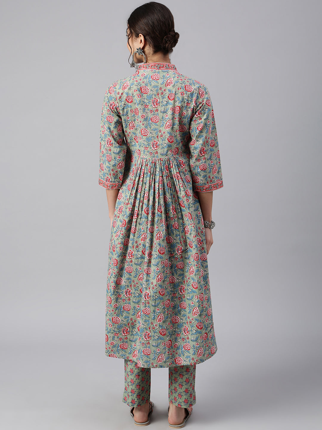 Janasya Women's Sea Green Cotton Floral Print Kurta With Pant - Distacart