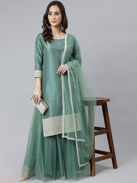 Janasya Women's Mint Green Chinon Solid Kurta With Skirt And Dupatta