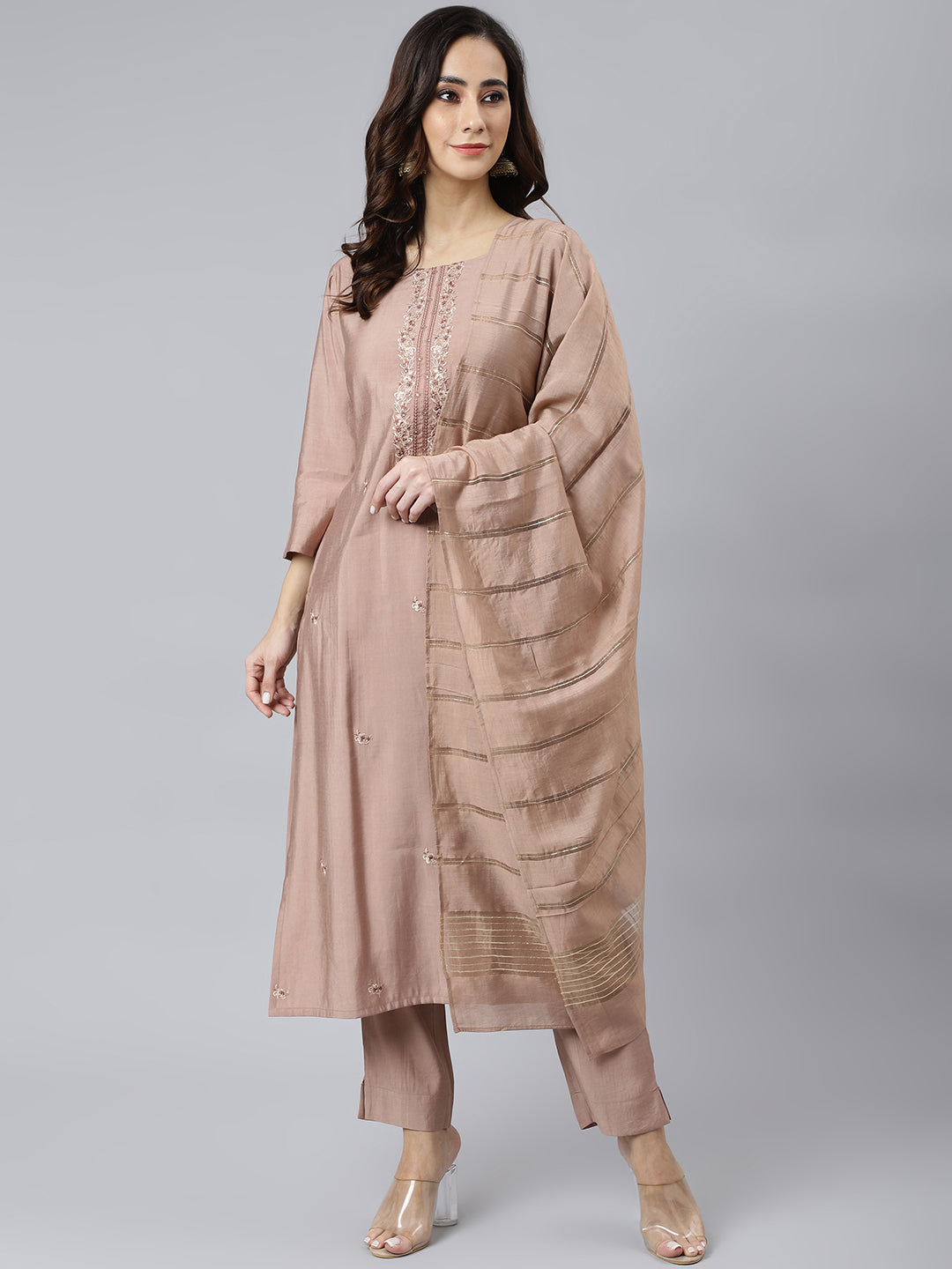 Janasya Women's Dusty Rose Viscose Blend Embroidered Kurta With Pant - Distacart