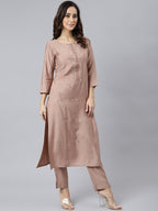 Janasya Women's Dusty Rose Viscose Blend Embroidered Kurta With Pant - Distacart