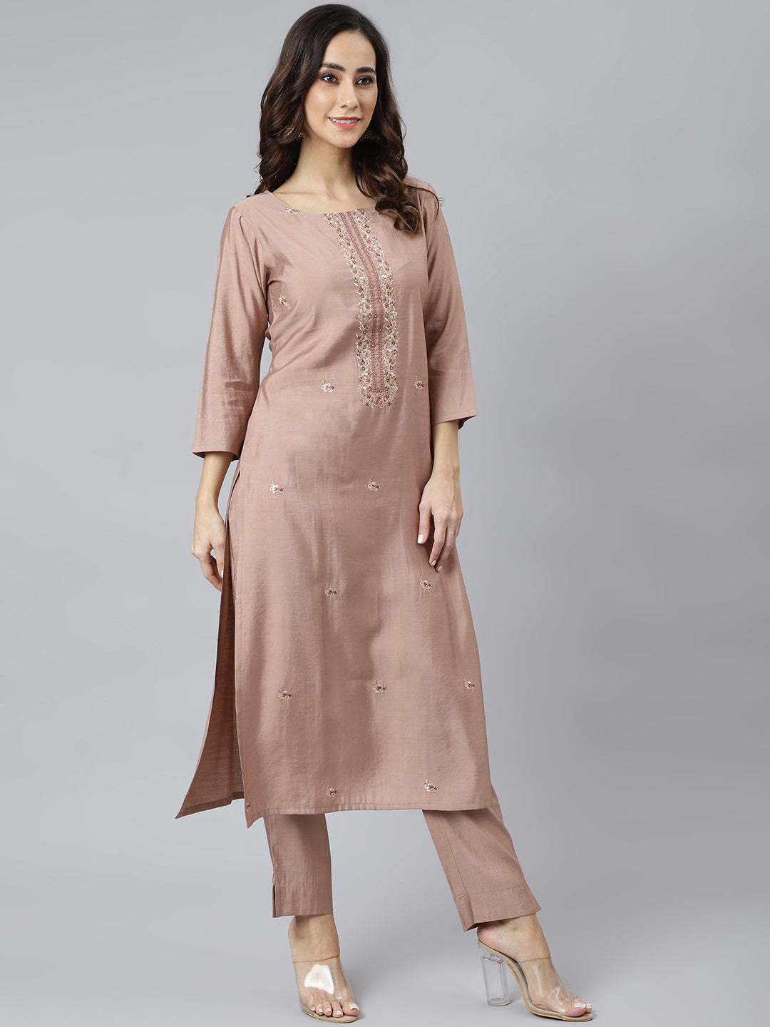 Janasya Women's Dusty Rose Viscose Blend Embroidered Kurta With Pant - Distacart