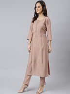 Janasya Women's Dusty Rose Viscose Blend Embroidered Kurta With Pant - Distacart