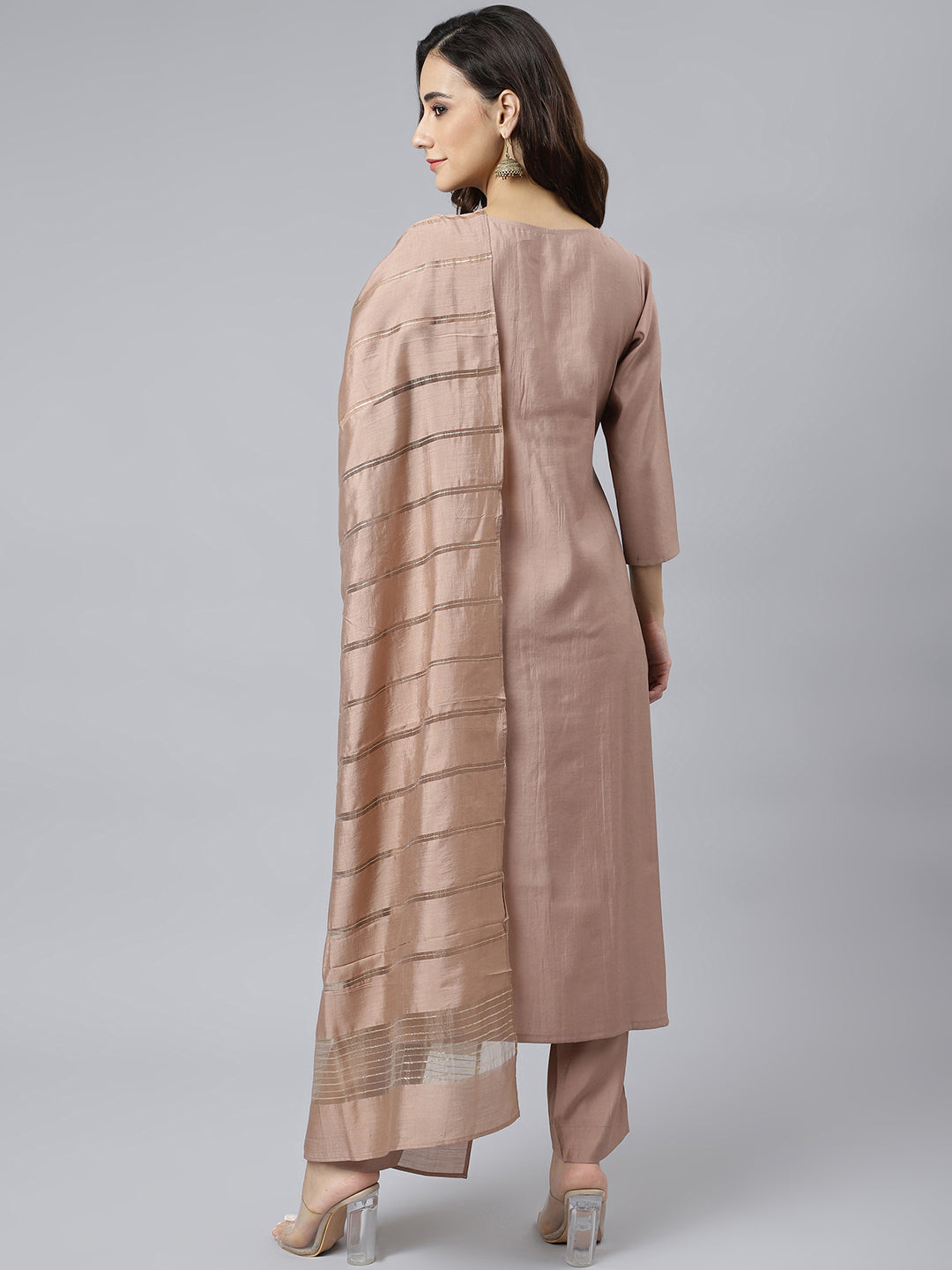 Janasya Women's Dusty Rose Viscose Blend Embroidered Kurta With Pant - Distacart