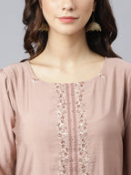 Janasya Women's Dusty Rose Viscose Blend Embroidered Kurta With Pant - Distacart