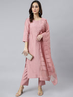 Janasya Women's Light Pink Poly Silk Embroidered Kurta With Pant And Dupatta - Distacart