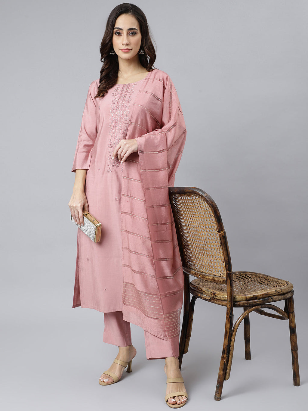 Janasya Women's Light Pink Poly Silk Embroidered Kurta With Pant And Dupatta - Distacart