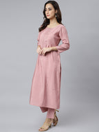 Janasya Women's Light Pink Poly Silk Embroidered Kurta With Pant And Dupatta - Distacart