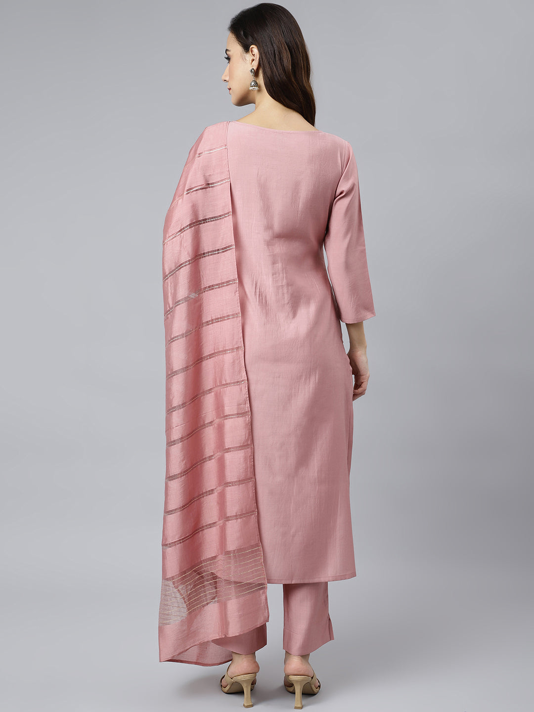 Janasya Women's Light Pink Poly Silk Embroidered Kurta With Pant And Dupatta - Distacart