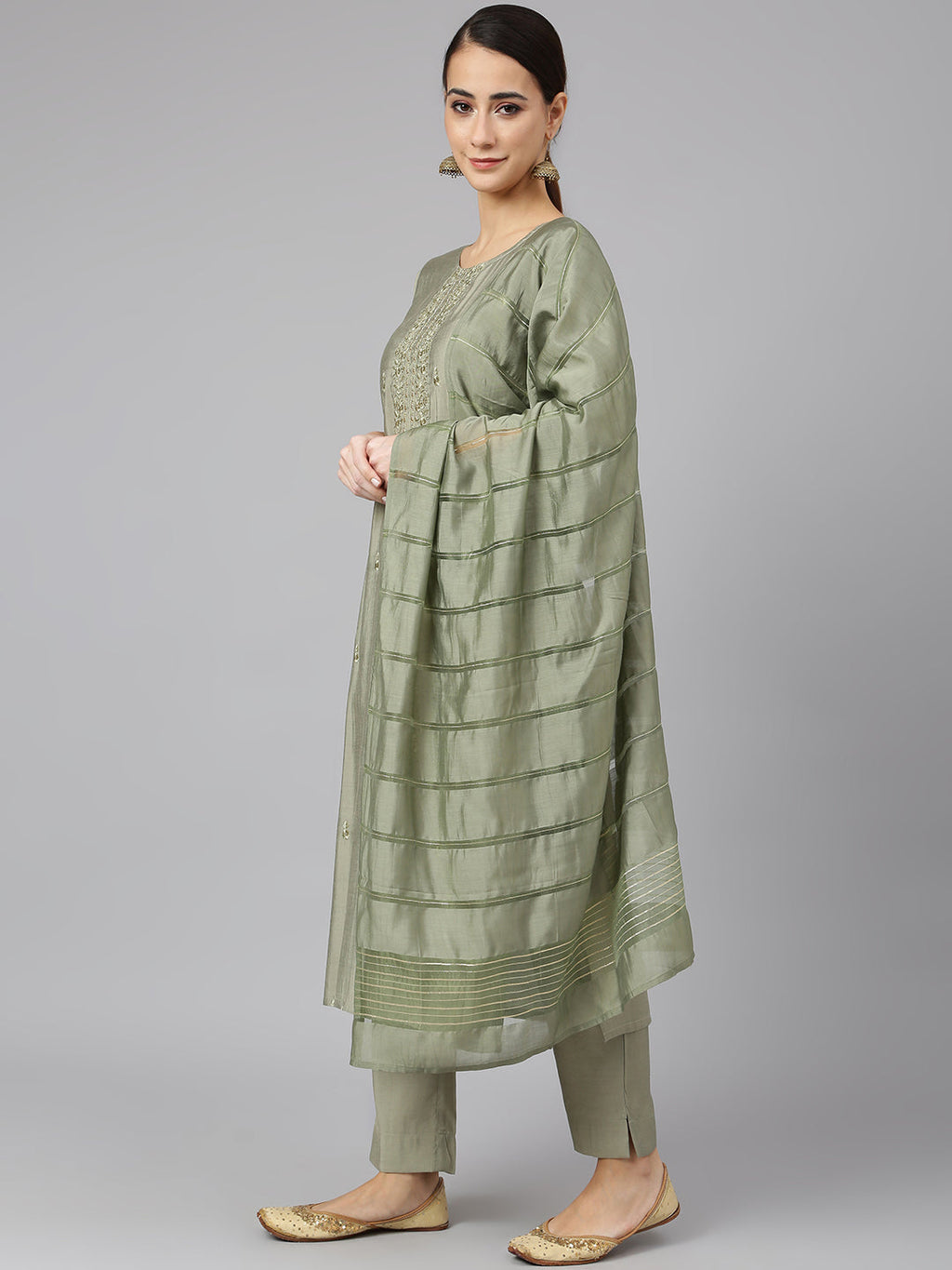 Janasya Women's Sage Green Viscose Blend Embroidered Kurta With Pant And Dupatta - Distacart
