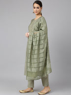 Janasya Women's Sage Green Viscose Blend Embroidered Kurta With Pant And Dupatta - Distacart