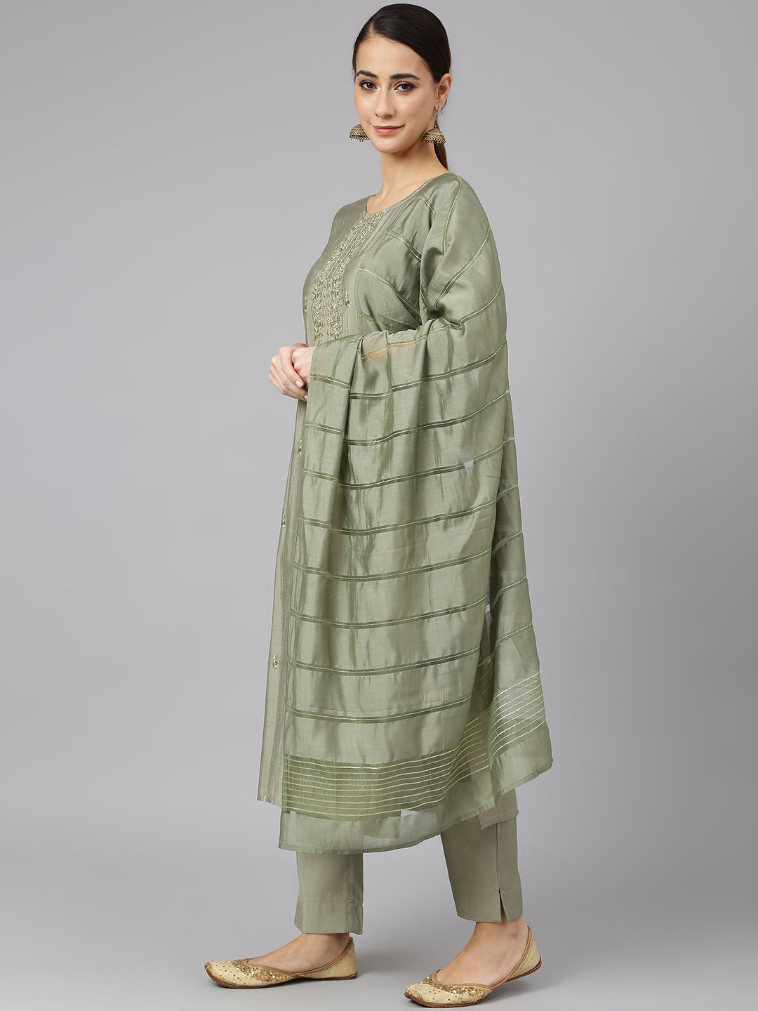 Janasya Women's Sage Green Viscose Blend Embroidered Kurta With Pant And Dupatta - Distacart