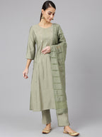 Janasya Women's Sage Green Viscose Blend Embroidered Kurta With Pant And Dupatta - Distacart