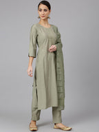 Janasya Women's Sage Green Viscose Blend Embroidered Kurta With Pant And Dupatta - Distacart