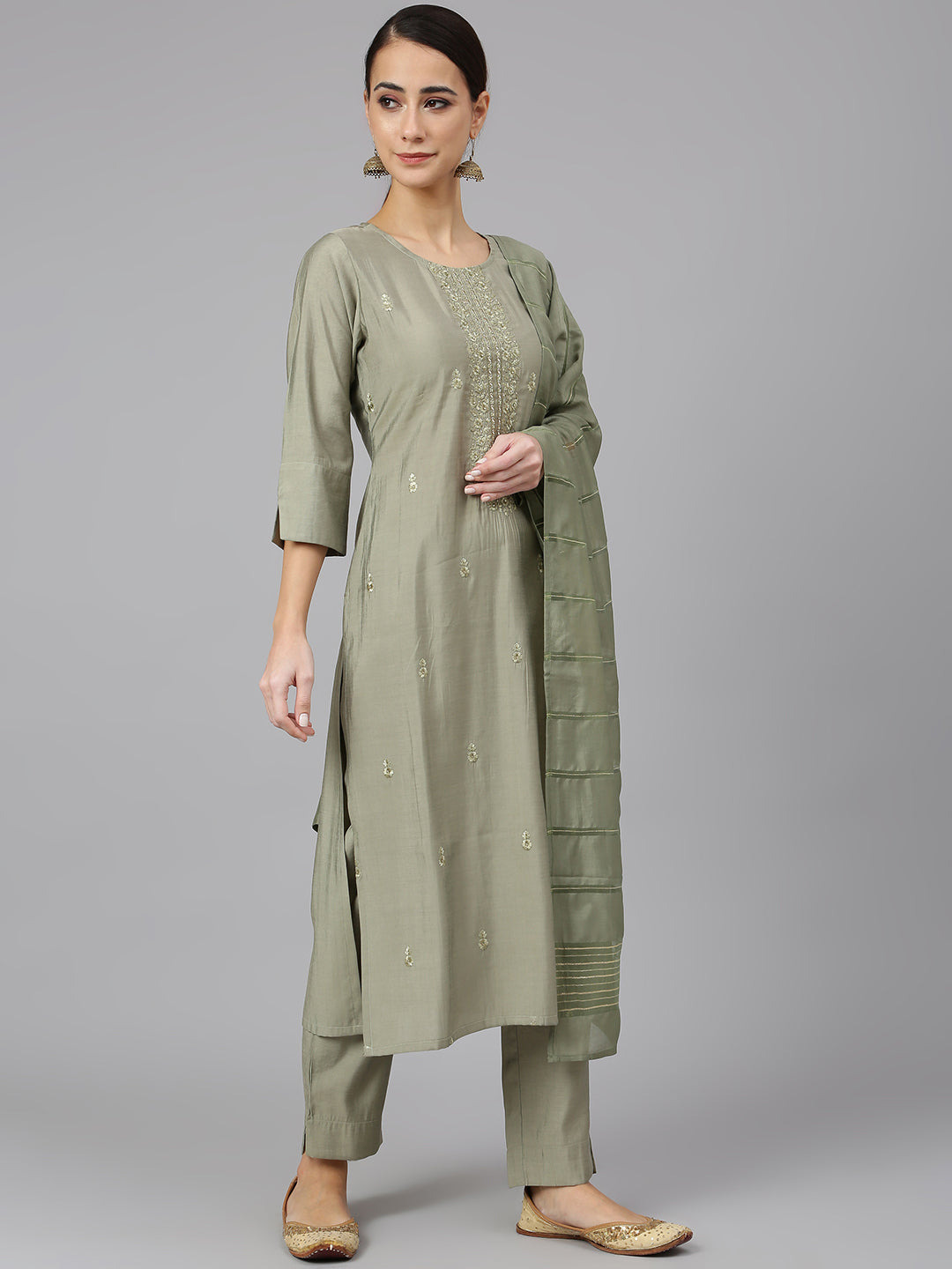 Janasya Women's Sage Green Viscose Blend Embroidered Kurta With Pant And Dupatta - Distacart