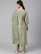 Janasya Women's Sage Green Viscose Blend Embroidered Kurta With Pant And Dupatta - Distacart