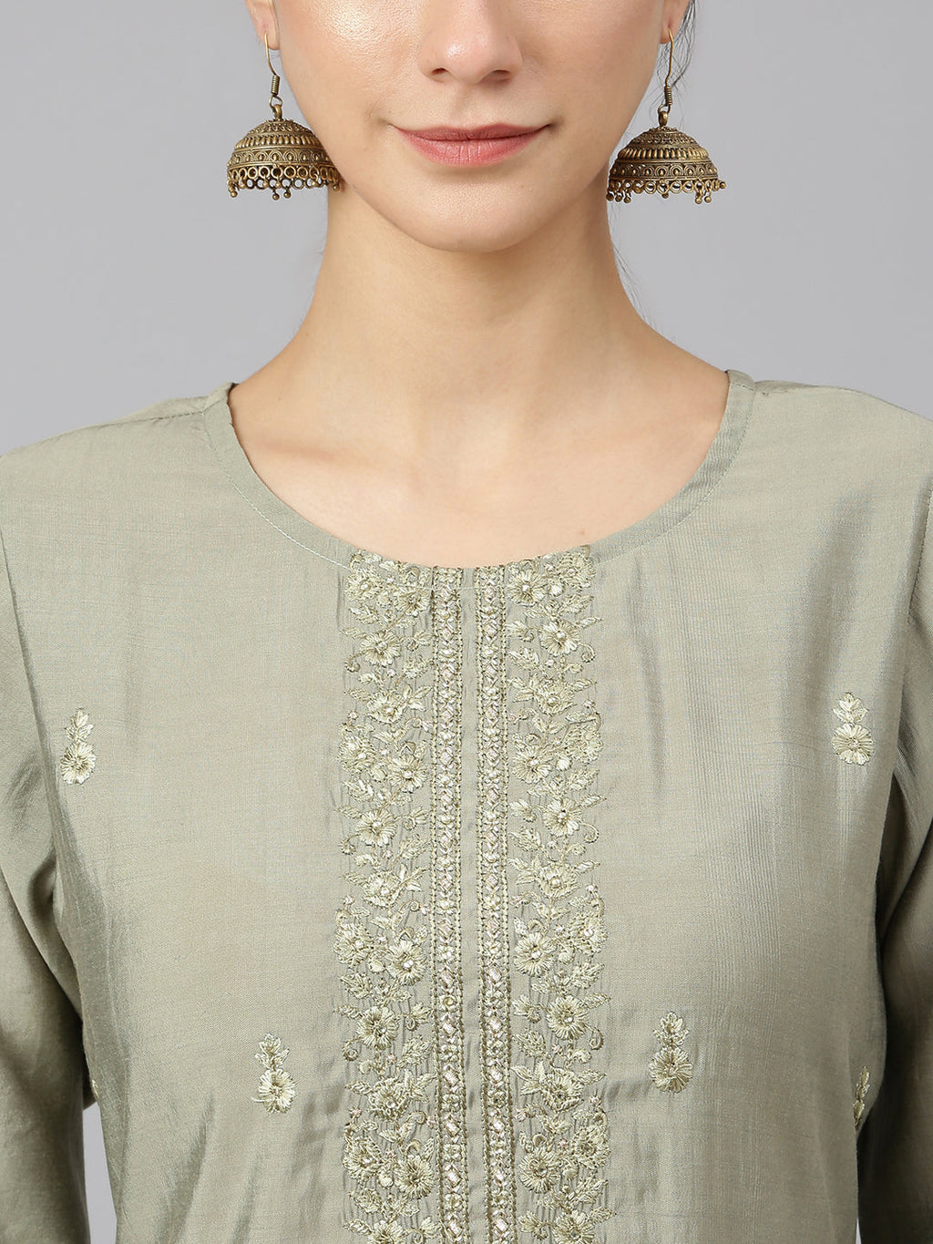 Janasya Women's Sage Green Viscose Blend Embroidered Kurta With Pant And Dupatta - Distacart