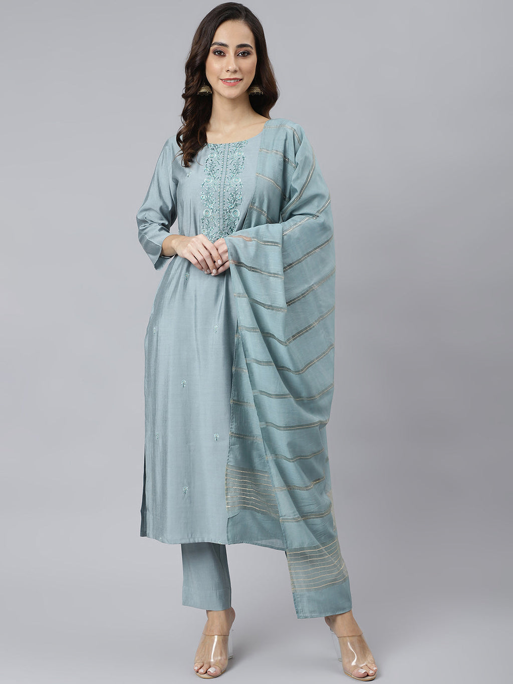 Janasya Women's Dusty Blue Viscose Blend Embroidered Kurta With Pant - Distacart