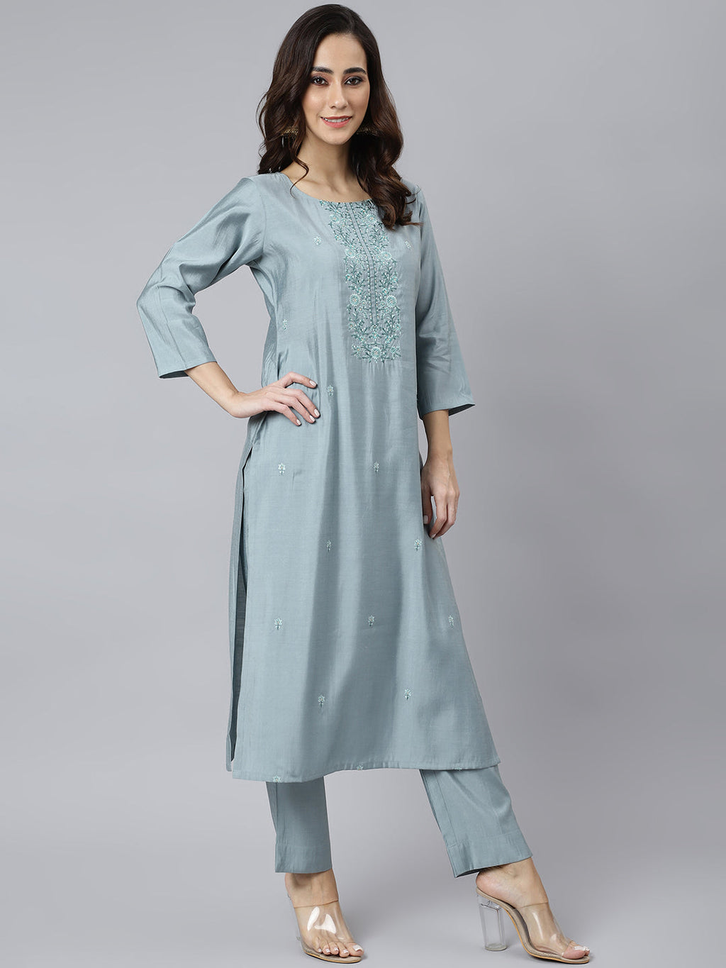 Janasya Women's Dusty Blue Viscose Blend Embroidered Kurta With Pant - Distacart