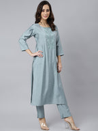 Janasya Women's Dusty Blue Viscose Blend Embroidered Kurta With Pant - Distacart