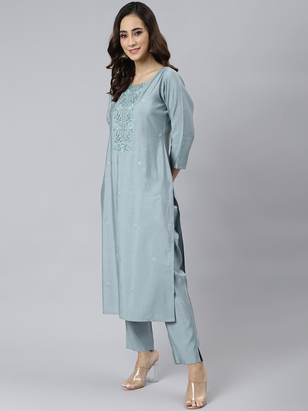 Janasya Women's Dusty Blue Viscose Blend Embroidered Kurta With Pant - Distacart