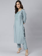 Janasya Women's Dusty Blue Viscose Blend Embroidered Kurta With Pant - Distacart
