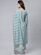 Janasya Women's Dusty Blue Viscose Blend Embroidered Kurta With Pant - Distacart