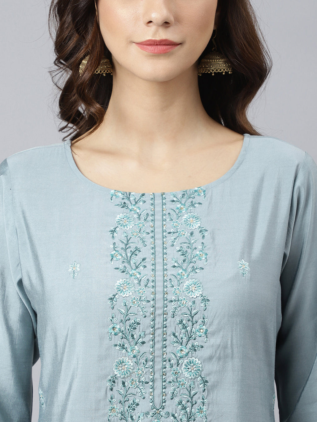 Janasya Women's Dusty Blue Viscose Blend Embroidered Kurta With Pant - Distacart