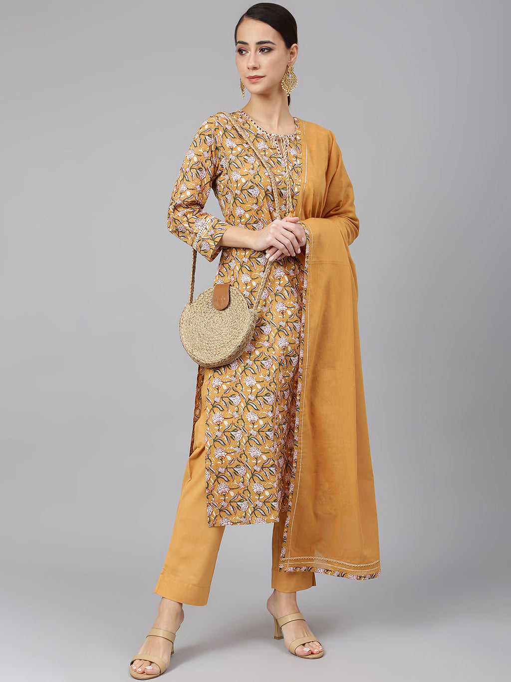 Janasya Women's Light Brown Cotton Floral Print Kurta With Pant And Dupatta - Distacart