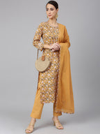 Janasya Women's Light Brown Cotton Floral Print Kurta With Pant And Dupatta - Distacart