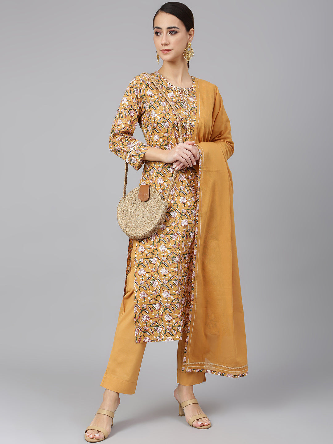 Janasya Women's Light Brown Cotton Floral Print Kurta With Pant And Dupatta - Distacart