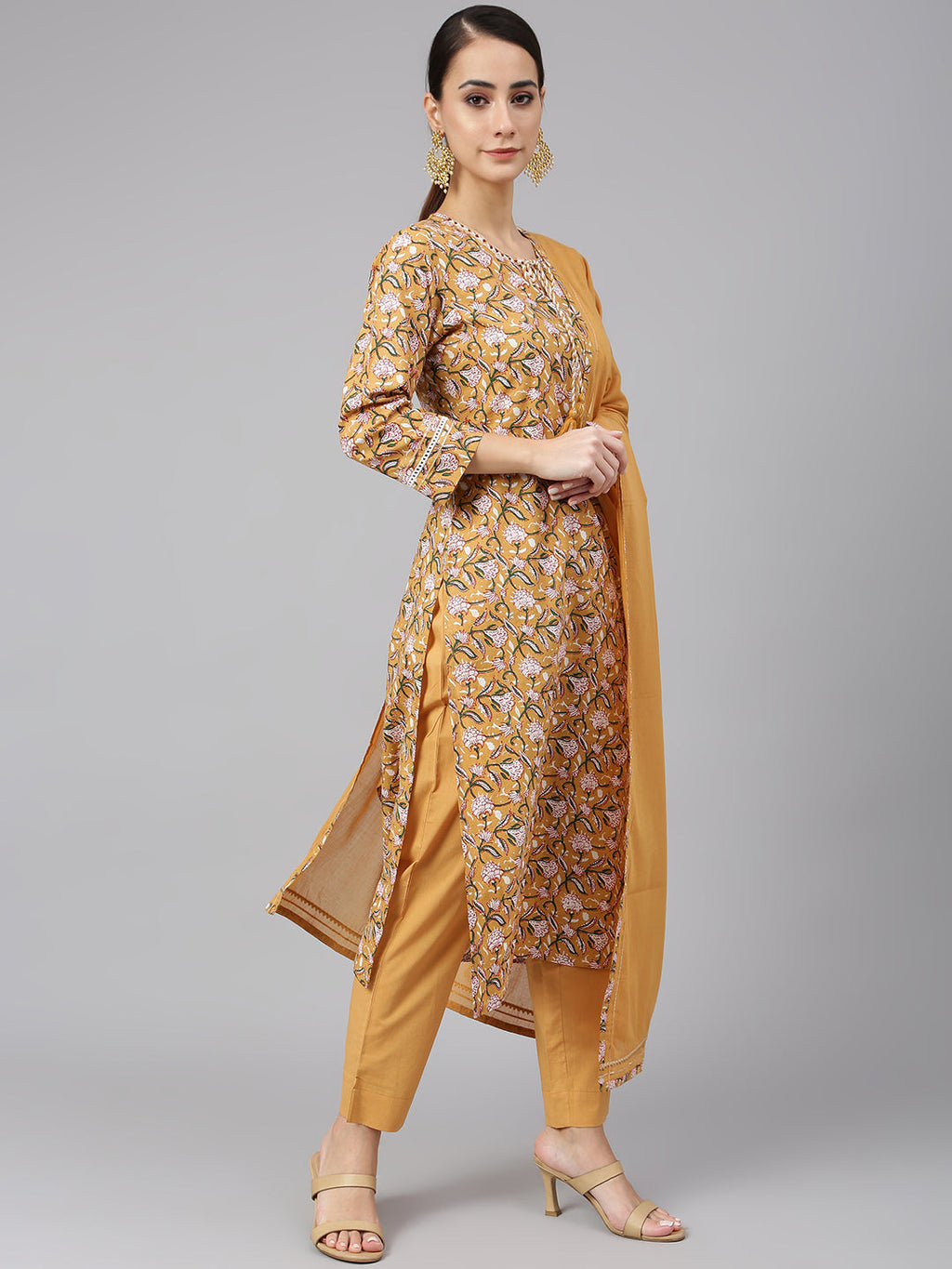 Janasya Women's Light Brown Cotton Floral Print Kurta With Pant And Dupatta - Distacart
