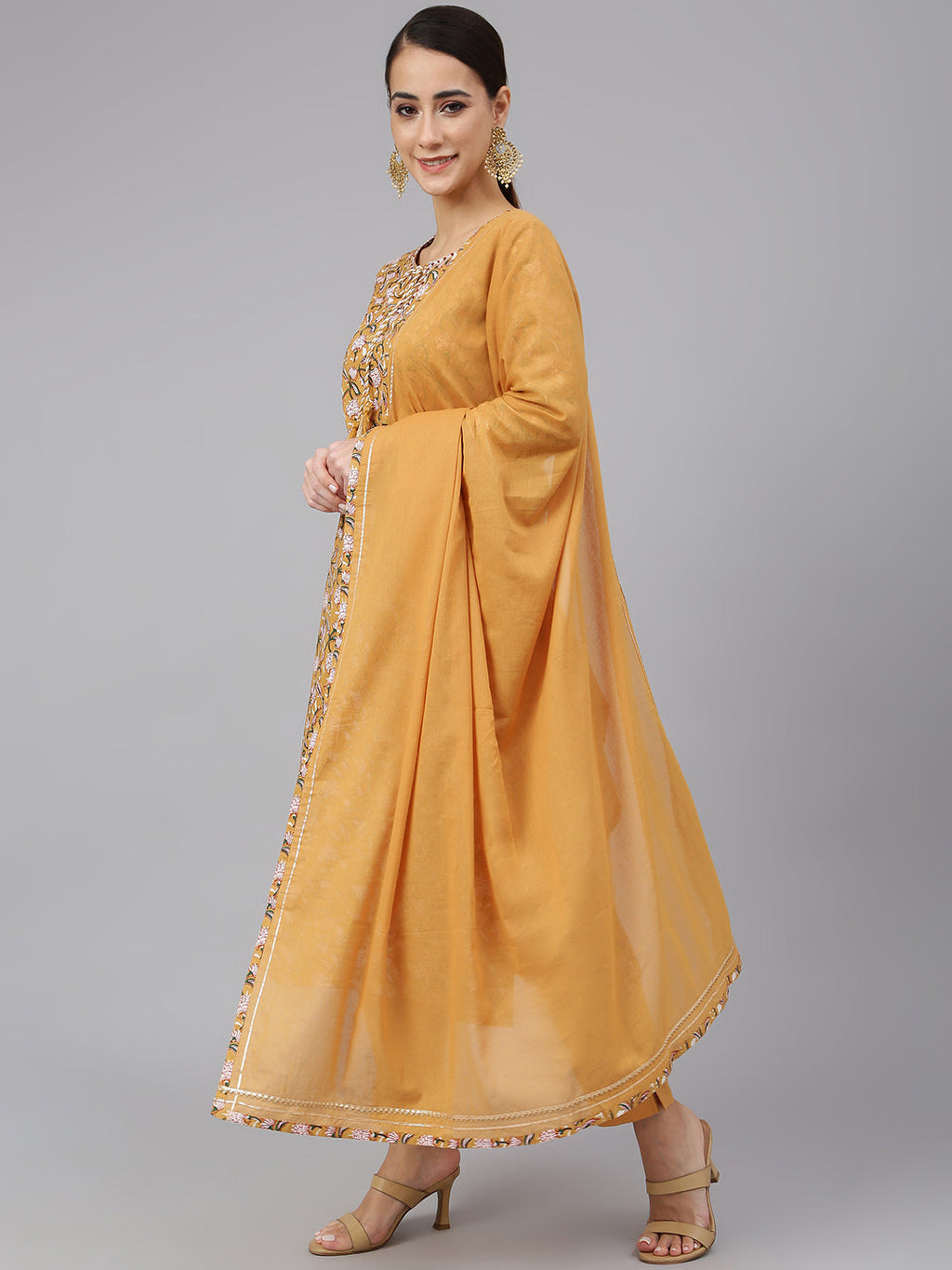 Janasya Women's Light Brown Cotton Floral Print Kurta With Pant And Dupatta - Distacart