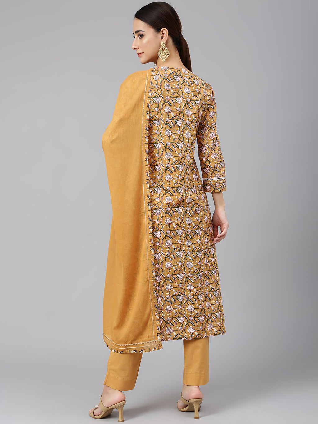 Janasya Women's Light Brown Cotton Floral Print Kurta With Pant And Dupatta - Distacart