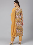 Janasya Women's Light Brown Cotton Floral Print Kurta With Pant And Dupatta - Distacart