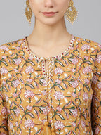 Janasya Women's Light Brown Cotton Floral Print Kurta With Pant And Dupatta - Distacart