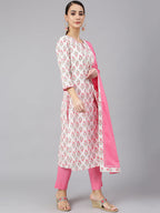 Janasya Women's Off White Cotton Floral Print Kurta With Pant And Dupatta - Distacart